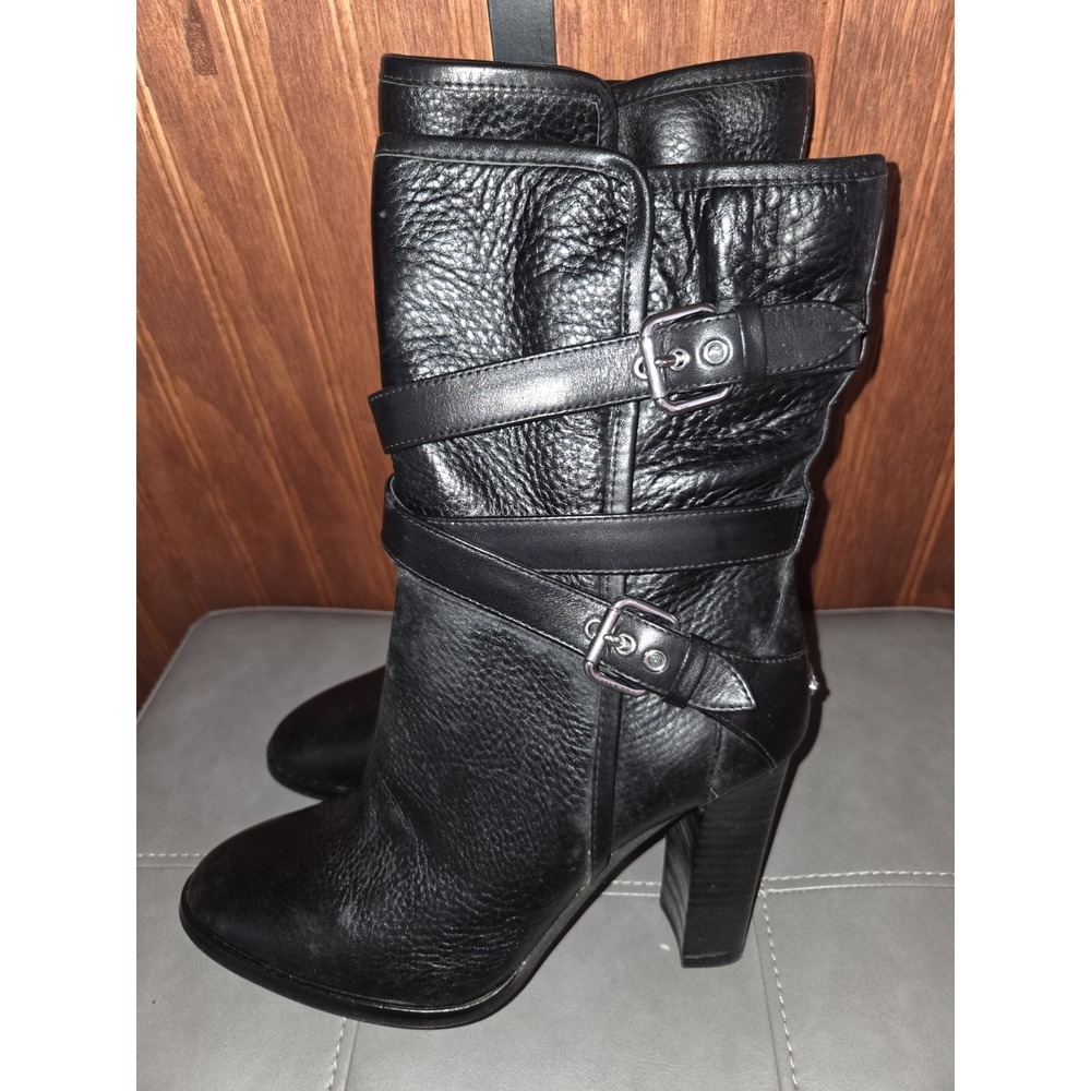 *Coach Buckle Mid Calf Boots Black Leather Size 6.5B Alexandra Chunky Heel